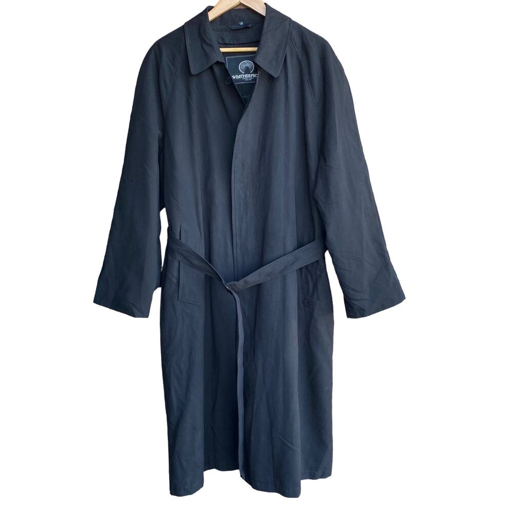 Weatherproof Mens Black Long Belted Trench Coat Zip Out Liner Size 42R 49"